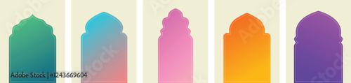 Ramadan Mubarak colorful designs. Greeting cards, backgrounds. Windows and arches with moon. Vector illustration