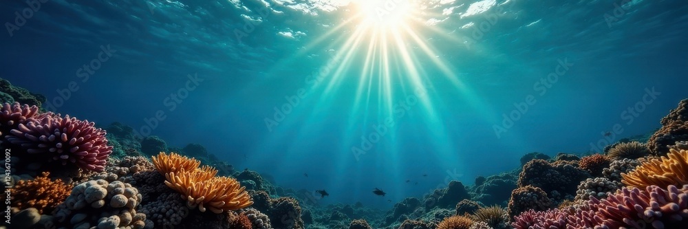 Sunbeam penetrates deep ocean, illuminating coral reef, clear, reef, sunlight Sunbeam penetrates deep ocean, illuminating coral reef, clear, reef, sunlight