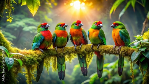 Fototapeta Naklejka Na Ścianę i Meble -  Vibrant Tropical Birds on Lush Branch - Stock Photo
