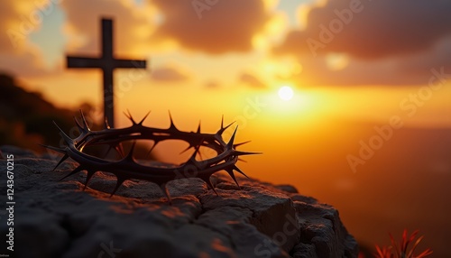 A crown of thorns lies on rocky ground with a cross in the background, illuminated by a vibrant sunset, symbolizing the significance of Maundy Thursday in Christian tradition