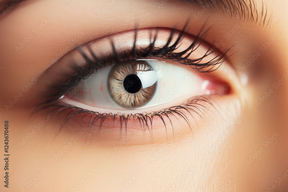 Close up of beautiful hazel eye with long, dark eyelashes and professional makeup