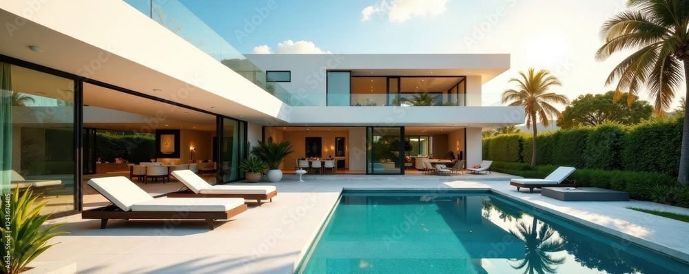 Fototapeta premium Sun-drenched modern house, pristine poolside patio, contemporary, white