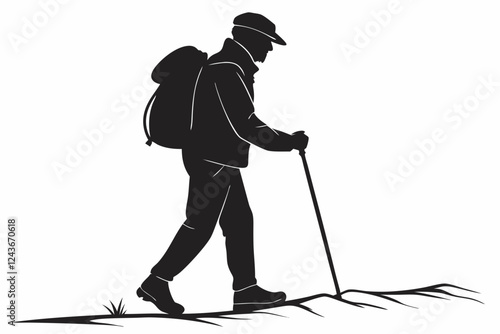 Hiker Silhouette Walking with Trekking Pole Outdoors