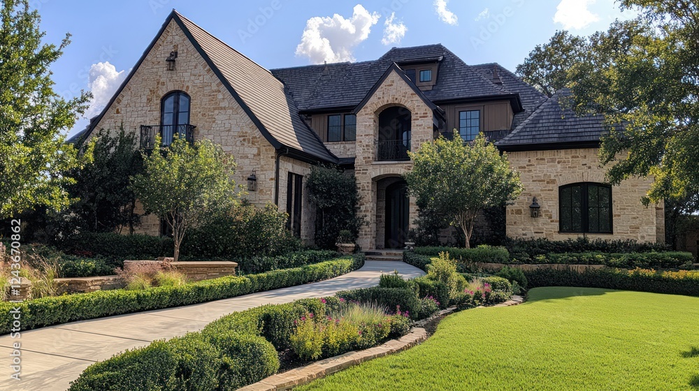 Fototapeta premium A beautiful stone house surrounded by lush greenery and a well-maintained garden.