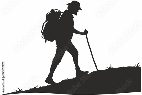 Hiker Silhouette Walking with Trekking Pole Outdoors