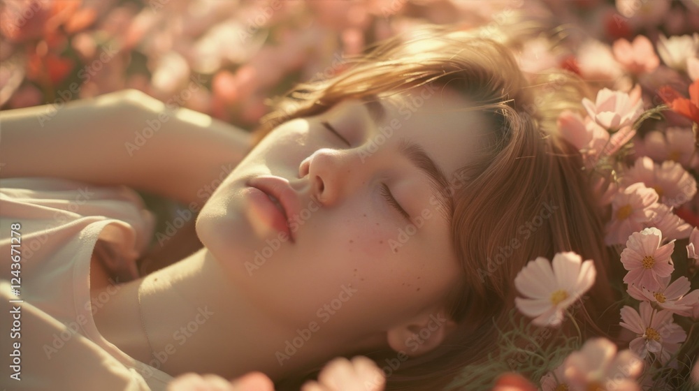 Girl Lying in a Flower Field Serene Dream Sunlight Radiance Gentle Peace Tranquility Ethereal Calmness Beauty Girl Lying in a Flower Field Serene Dream Sunlight Radiance Gentle Peace Tranquility Ethereal Calmness Beauty