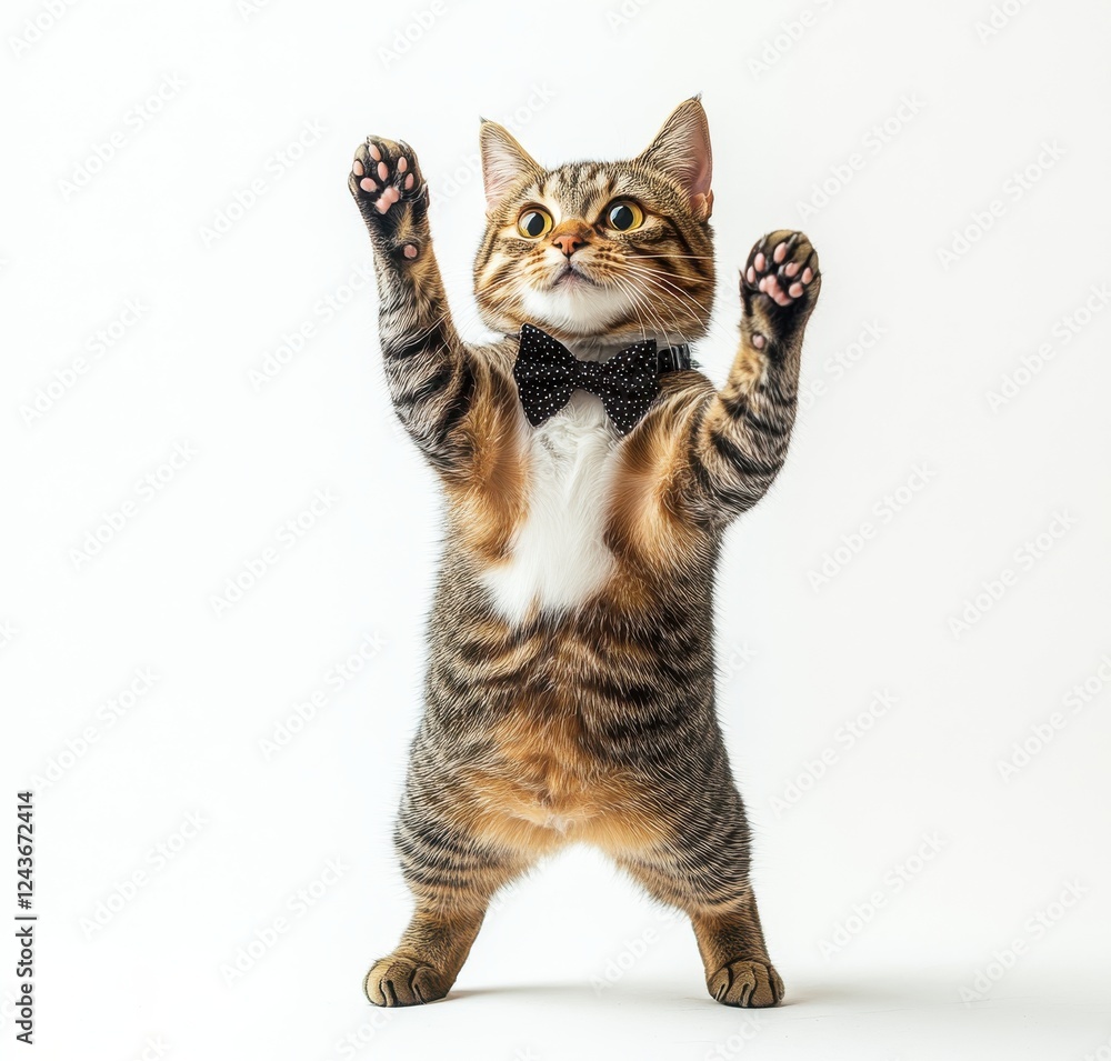 Obraz premium Playful tabby cat wearing a bow tie excitedly raising its paws in a cheerful indoor setting against a clean white background
