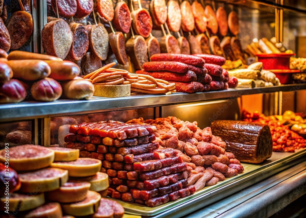 Obraz premium Vintage Butcher Shop: Glass Display Case of Meats & Charcuterie
