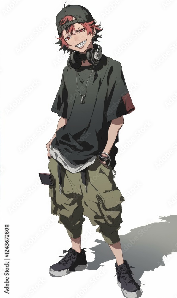 Stylish Anime Character in Relaxed Pose with Headphones and Cap Against a Plain Background Stylish Anime Character in Relaxed Pose with Headphones and Cap Against a Plain Background