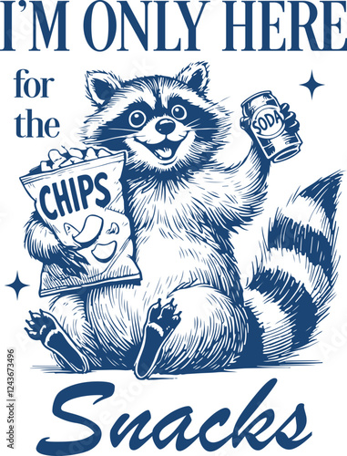 Hungry Raccoon with Chips – "I’m Only Here for the Snacks" Funny Food Meme, Funny Raccoon Quote, Raccoon Meme Shirt Design 