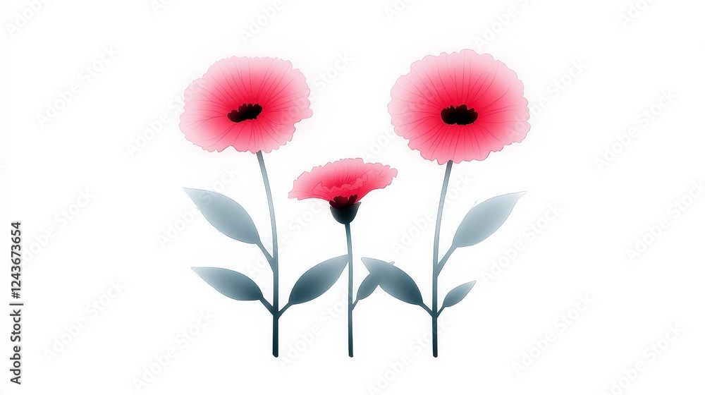 Obraz premium Elegant Pink Flowers with Green Leaves on a White Background