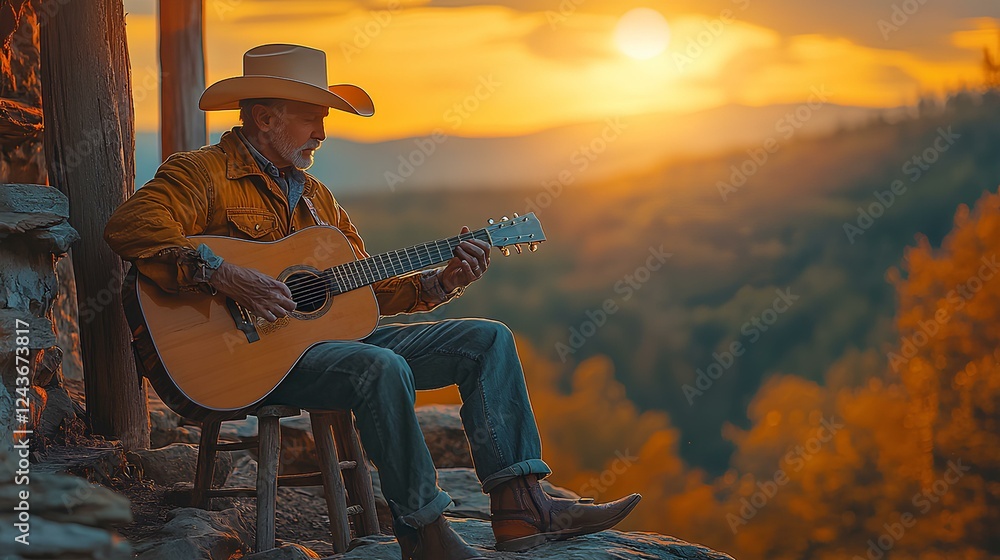 portrait of a middle aged man in a cowboy hat and cowboy outfit playing a guitar on a cliff. He is staring at his guitar. He is sitting on a wooden chair