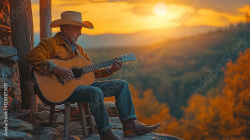 Obraz na płótnie portrait of a middle aged man in a cowboy hat and cowboy outfit playing a guitar on a cliff. He is staring at his guitar. He is sitting on a wooden chair w salonie