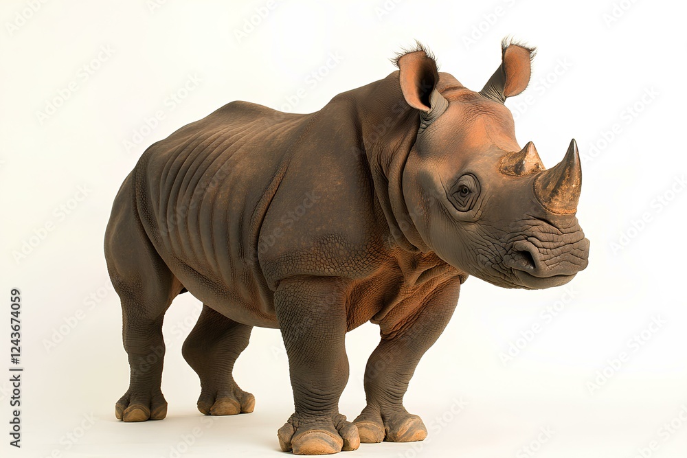 Fototapeta premium Rhinoceros in a standing pose on a white background, showing off its horned profile