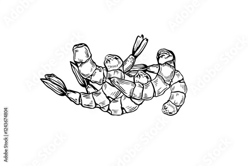 Peeled boiled prawn heap vector food illustration painted by black inks. Cooked unshelled tiger shrimps pile realistic graphic sketch. Seafood cooking ingredient etching drawing for menu, recipe