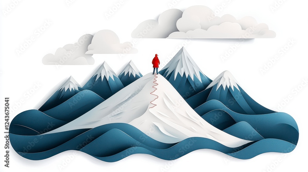 Person in Red Coat on Snowy Mountain Peak, Paper Art Illustration Person in Red Coat on Snowy Mountain Peak, Paper Art Illustration