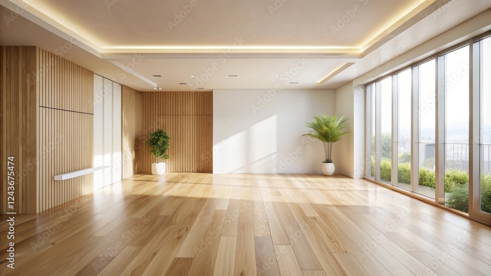 Fototapeta premium Bright, Minimalist Living Room with Hardwood Floors and Large Windows