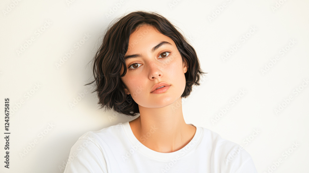 Minimalist close-up portrait of a young woman against a neutral background Minimalist close-up portrait of a young woman against a neutral background