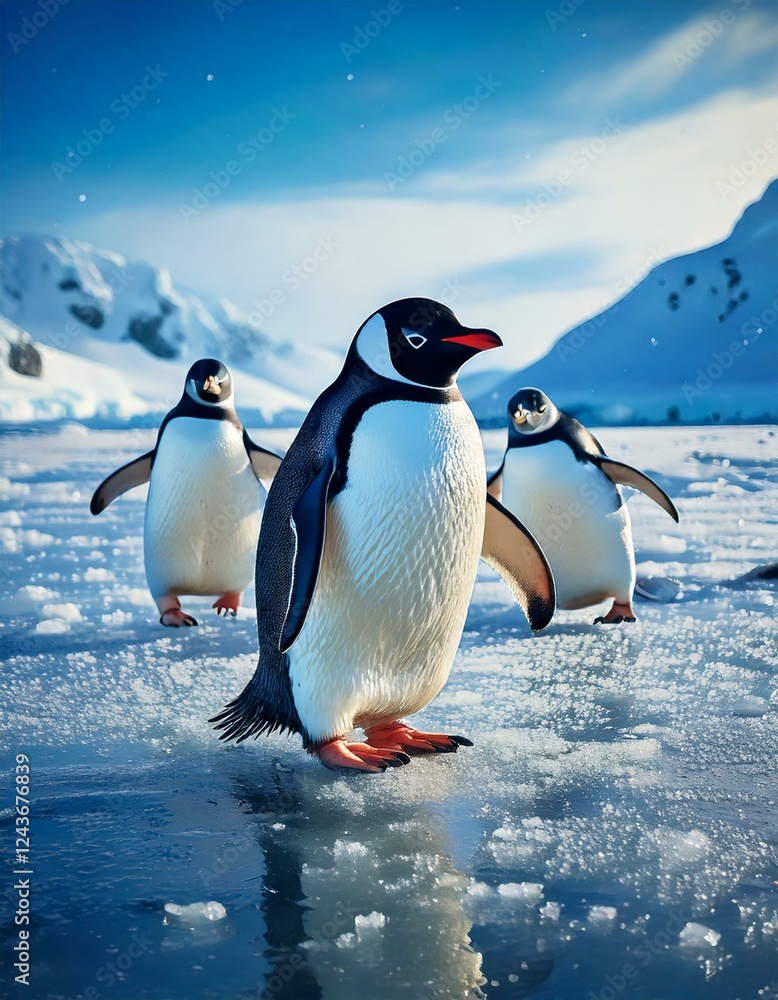 Fototapeta premium penguins waddling on a frozen Antarctic landscape 