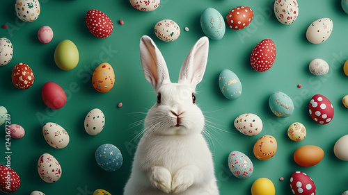 A surprised white bunny surrounded by many Easter eggs of different colors and sizes.