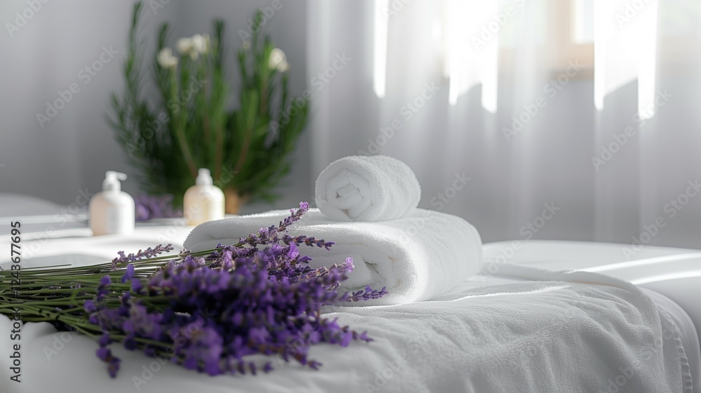 spa towels lavender flowers massage table clean minimalistic natural light sharp focus spa towels lavender flowers massage table clean minimalistic natural light sharp focus