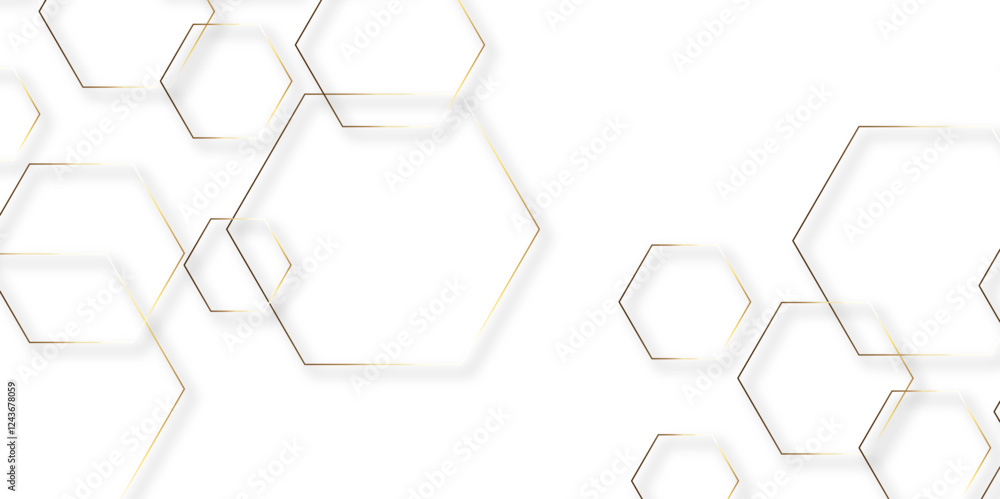 Abstract white background with golden hexagons seamless pattern and geometric in vector design. Futuristic blue neon honeycombs. Modern technology design .Minimal style website banner, decoration . Abstract white background with golden hexagons seamless pattern and geometric in vector design. Futuristic blue neon honeycombs. Modern technology design .Minimal style website banner, decoration .