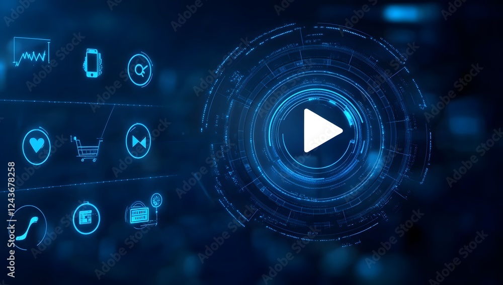 Obraz premium Futuristic digital interface with play button and technology icons, multimedia concept