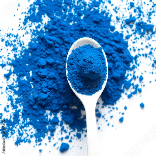 Blue spirulina powder in white spoon isolated on white background. Phycocyanin extract. Natural superfood, vegan, healthy dietary supplement. photo