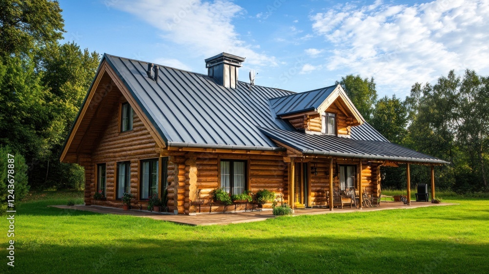 A charming wooden house with a metal roof set in a lush green landscape. A charming wooden house with a metal roof set in a lush green landscape.