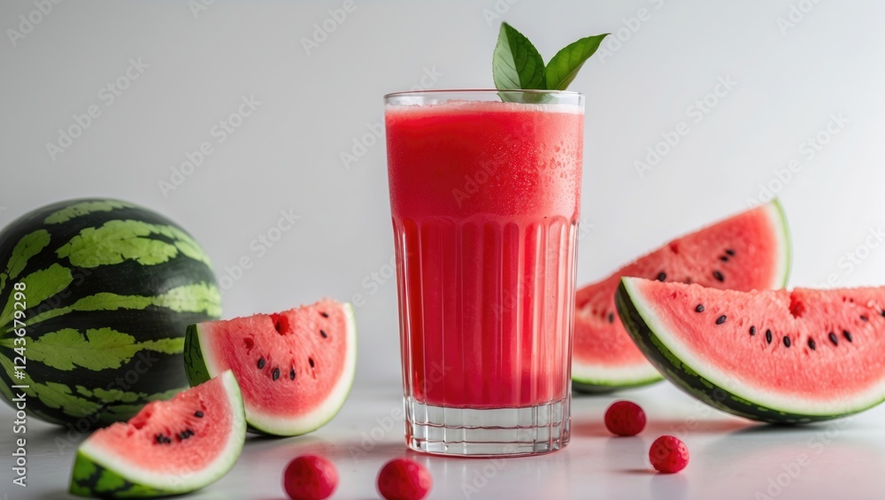 Refreshing Watermelon Juice in a Glass Surrounded by Fresh Watermelon Slices and Whole Fruit on a Bright Background Refreshing Watermelon Juice in a Glass Surrounded by Fresh Watermelon Slices and Whole Fruit on a Bright Background
