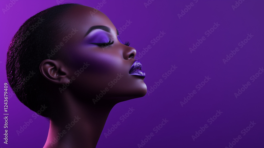 A refined Black model with short hair, eyes closed, against a purple studio background, radiating elegance and strength. A refined Black model with short hair, eyes closed, against a purple studio background, radiating elegance and strength.