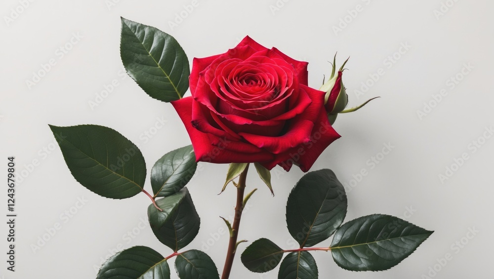 Fototapeta premium Vibrant red rose with lush green leaves on a white background symbolizing beauty and elegance in nature and floral design