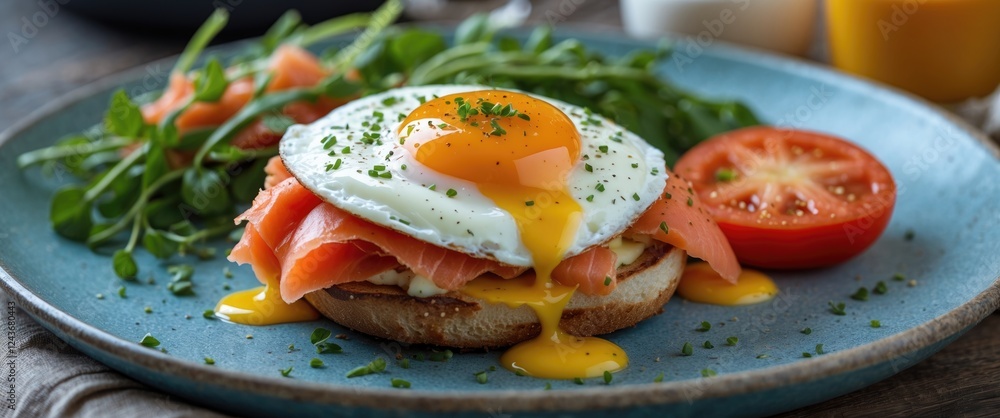 Delectable Eggs Benedict with Smoked Salmon and Fresh Tomato on a Blue Plate Garnished with Greens and Chives Delectable Eggs Benedict with Smoked Salmon and Fresh Tomato on a Blue Plate Garnished with Greens and Chives