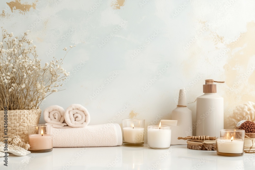 Conjunto de itens de spa com toalhas, velas e elementos decorativos em tons neutros, capturados com luz natural suave, criado com IA generativa. Conjunto de itens de spa com toalhas, velas e elementos decorativos em tons neutros, capturados com luz natural suave, criado com IA generativa.