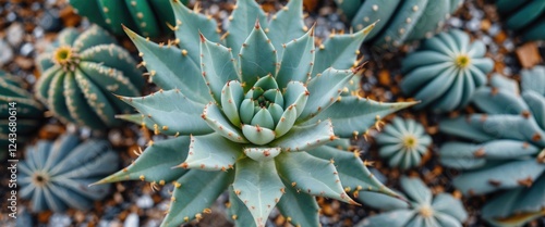 Top View of Agave Bracteosa Surrounded by Various Cacti in a Desert Landscape photo