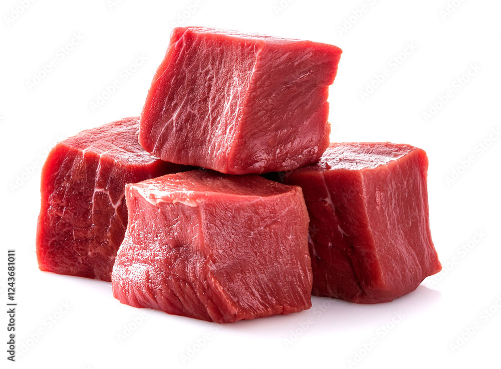 四角くカットした赤身の牛肉。白背景。(Pile of beef cubes on white background.)
四角くカットした赤身の牛肉。白背景。(Pile of beef cubes on white background.)