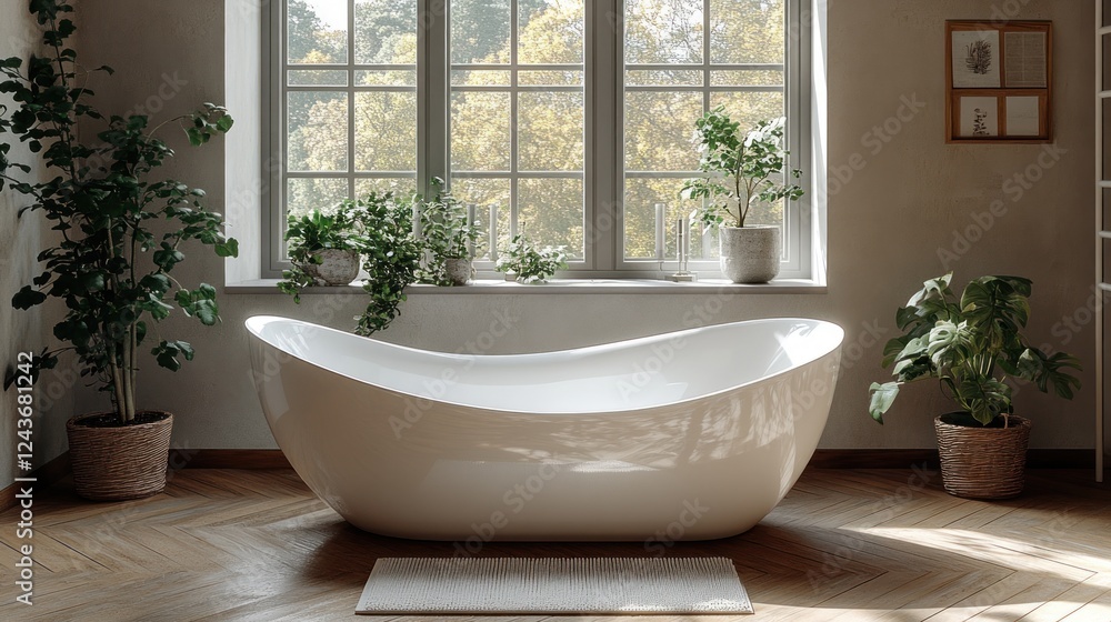 Fototapeta premium Modern spa bathroom with plants, sunlight, and a large tub