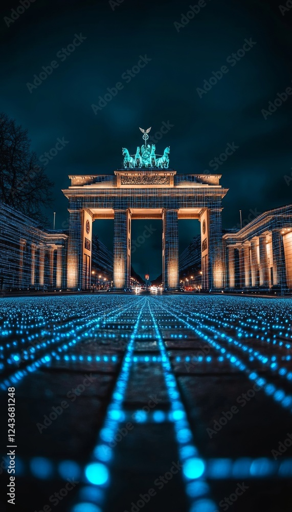 Fototapeta premium Brandenburg Gate in Berlin, Germany, illuminated at night with a futuristic digital network overlay