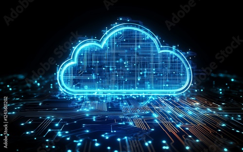 Illustration of a cloud symbol over a chip, representing secure cloud computing, emphasizing encryption and safety in cloud storage services, modern and techdriven style photo