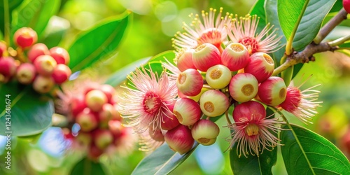 Aromatic fruit cluster on a Syzygium cumini tree branch, flowers, syzygium,  flowers photo