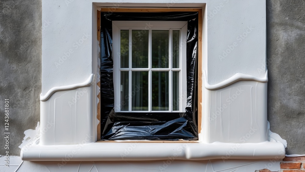 Freshly applied white silicone plaster around a window, secured with black foil, showcasing home renovation and construction detailing. Freshly applied white silicone plaster around a window, secured with black foil, showcasing home renovation and construction detailing.