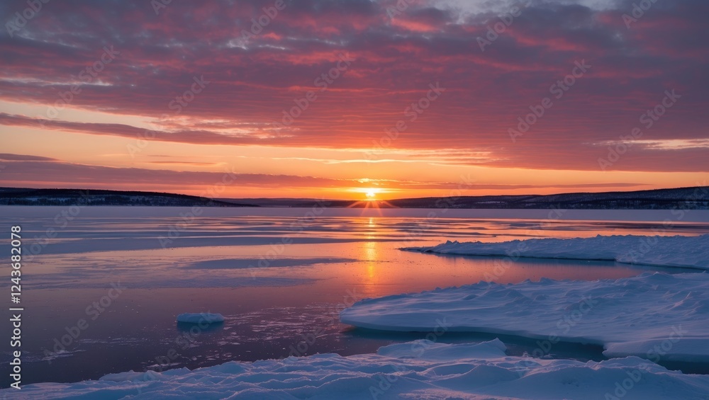 Tranquil winter sunset over frozen sea with snow-covered land reflecting nature's serene beauty and vibrant colors in the sky. Tranquil winter sunset over frozen sea with snow-covered land reflecting nature's serene beauty and vibrant colors in the sky.