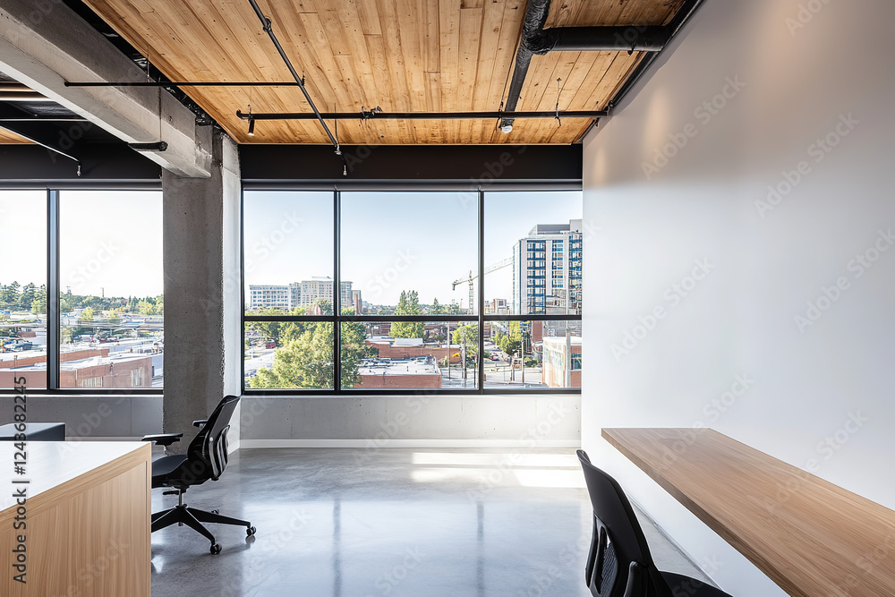 Obraz premium Office Interior with Wooden Ceiling and Concrete Floor, Magazine-Style Photography