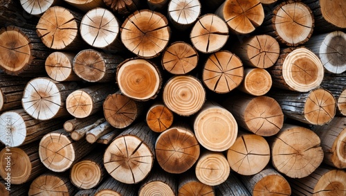 Natural wooden logs arranged in a circular pattern creating an abstract background with rich textures and warm earthy tones. photo