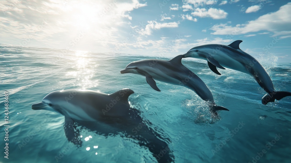 Naklejka premium Dolphins swimming gracefully in clear blue ocean waters under a bright sky