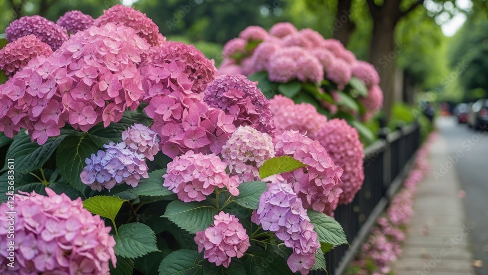 Lush pink hydrangea bushes lining a park alley creating a serene atmosphere with soft focus and vibrant garden scenery. Lush pink hydrangea bushes lining a park alley creating a serene atmosphere with soft focus and vibrant garden scenery.