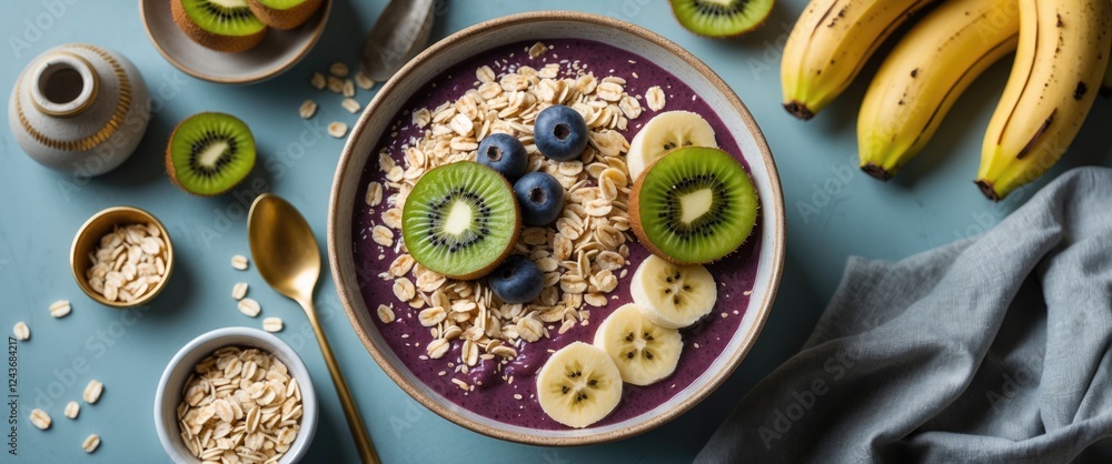 Healthy Acai Bowl Topped With Kiwi Banana Oats Blueberries On A Table With Decorative Elements And Space For Text Above Healthy Acai Bowl Topped With Kiwi Banana Oats Blueberries On A Table With Decorative Elements And Space For Text Above