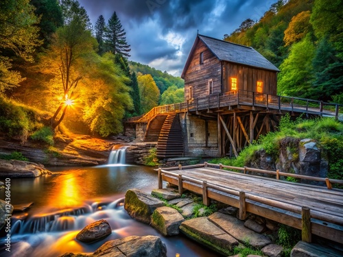 West Virginia Babcock State Park Glade Creek Grist Mill Bridge - Low Light Night Photography photo