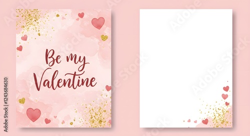 Romantic Valentine's Day Card Template with Pink Watercolor Hearts photo