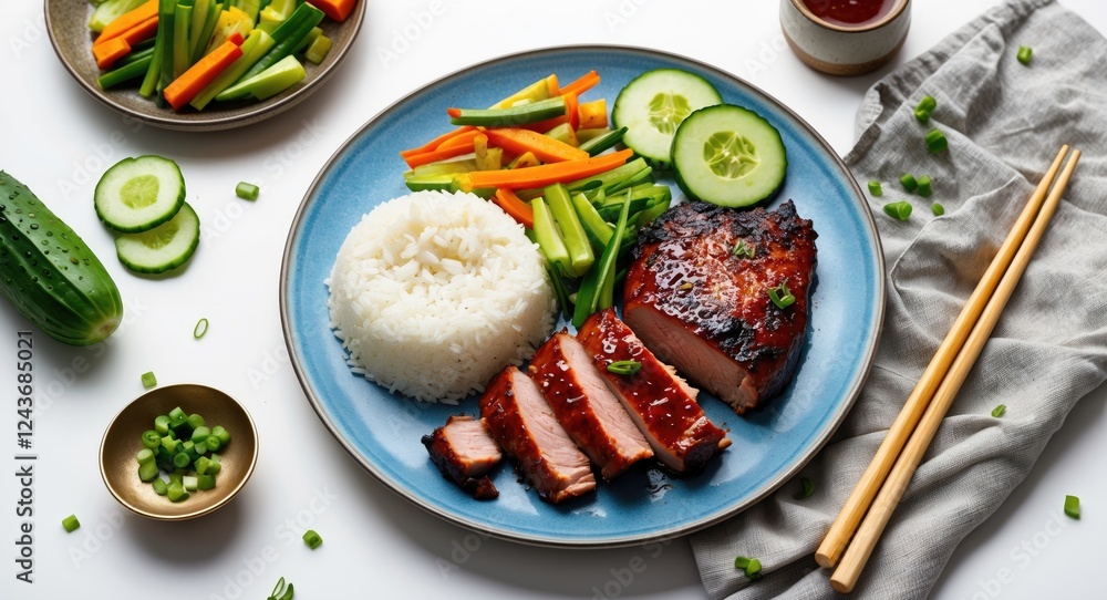 Delicious Air Fryer BBQ Pork served with steamed rice, fresh vegetables, and cucumber on a blue plate against a white background. Delicious Air Fryer BBQ Pork served with steamed rice, fresh vegetables, and cucumber on a blue plate against a white background.